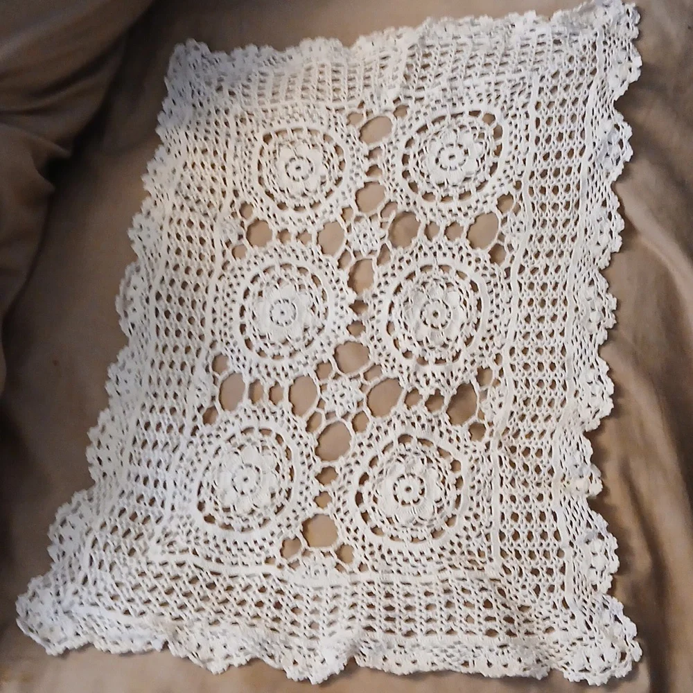 Hand Crocheted Oblong Scarf Table/Chair Cover Ecru Light Beige